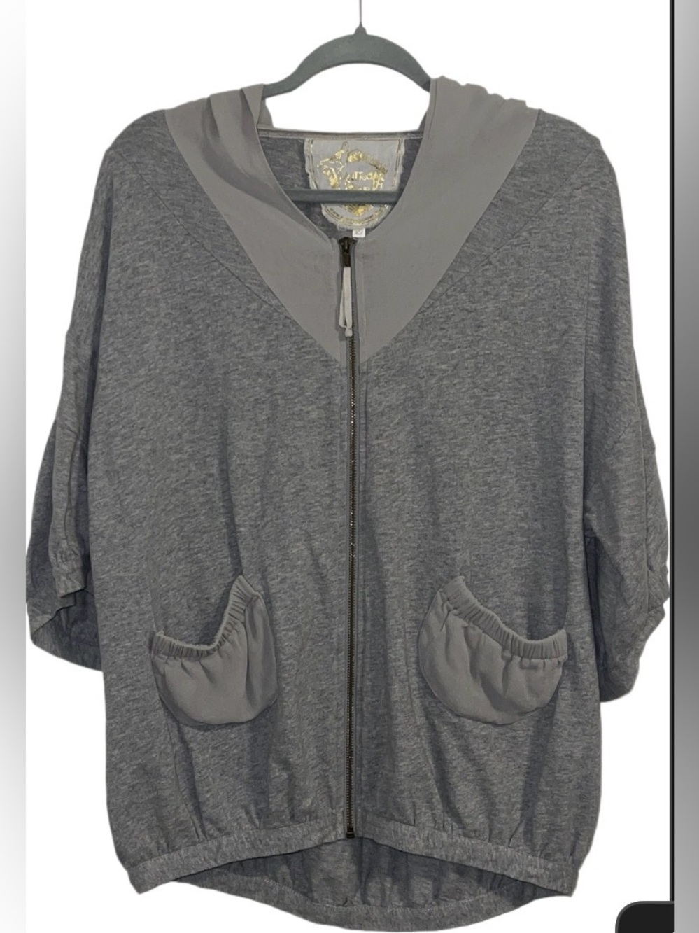 Relaxed Gray Zip-Front Silk Hooded Jacket